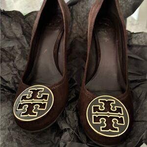 Tory Burch Dark Brown Suede Heels with Gold Logo